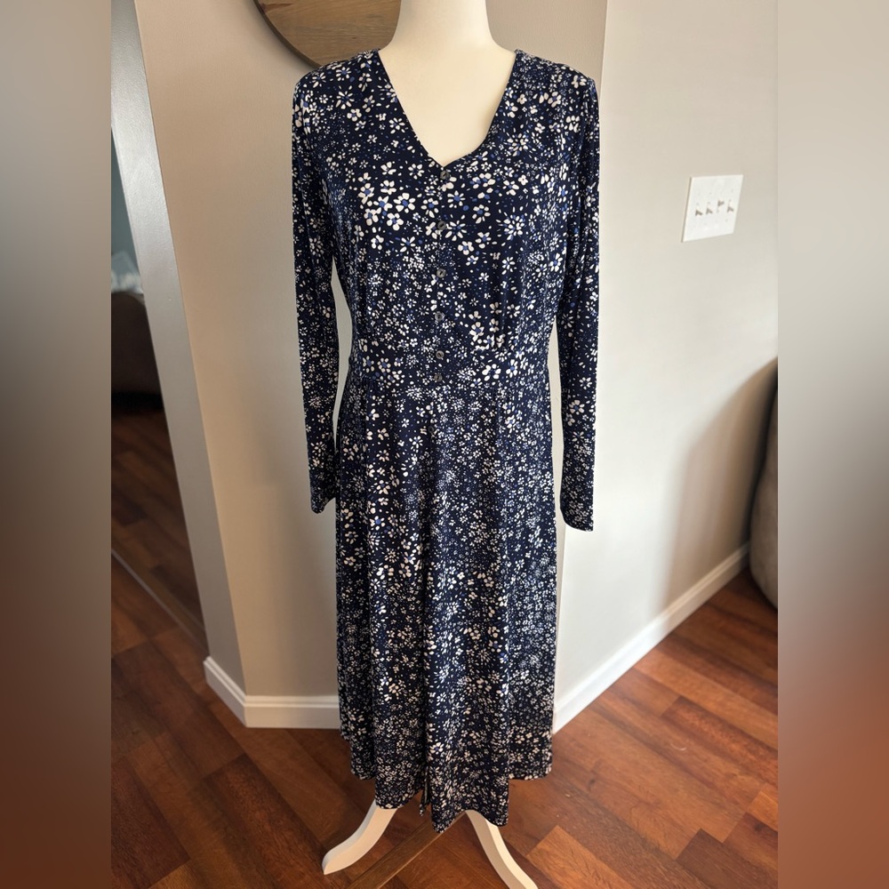Talbots Navy Floral Long Sleeve Dress